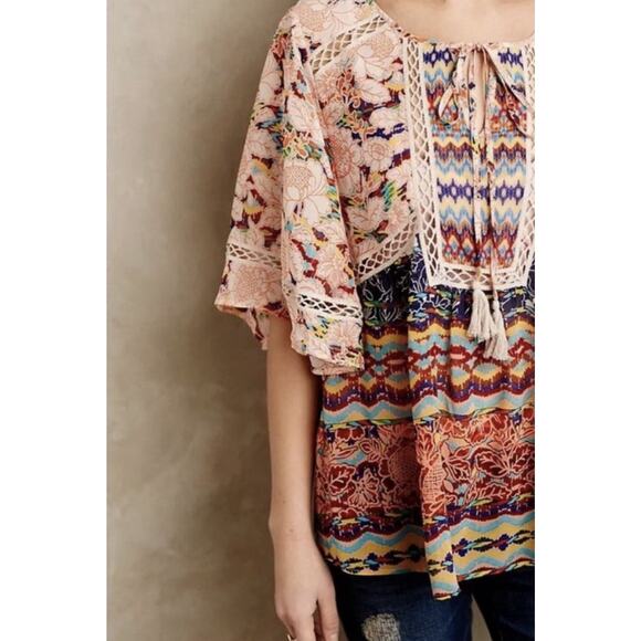 Anthropologie Meadow Rue Blouse Sz L Boho Floral Patchwork Crochet Peasant Top - Picture 4 of 10